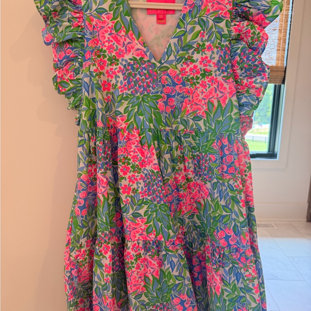 Lilly Pulitzer Aldena Pink & Green Floral Ruffle-Sleeve Dress XS